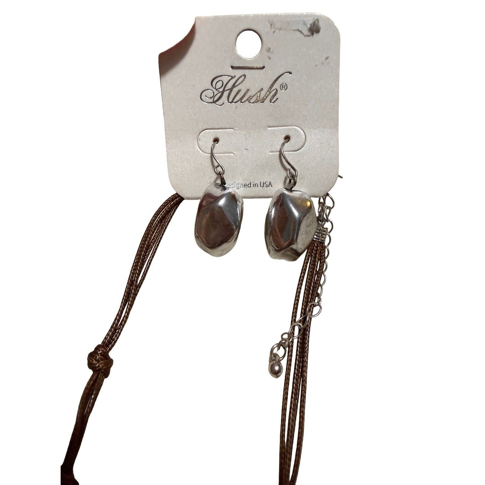 Hush Silver Tone Beaded Necklace & Hook Earring Set Brown Cord 16 Inch — image 3 of 4